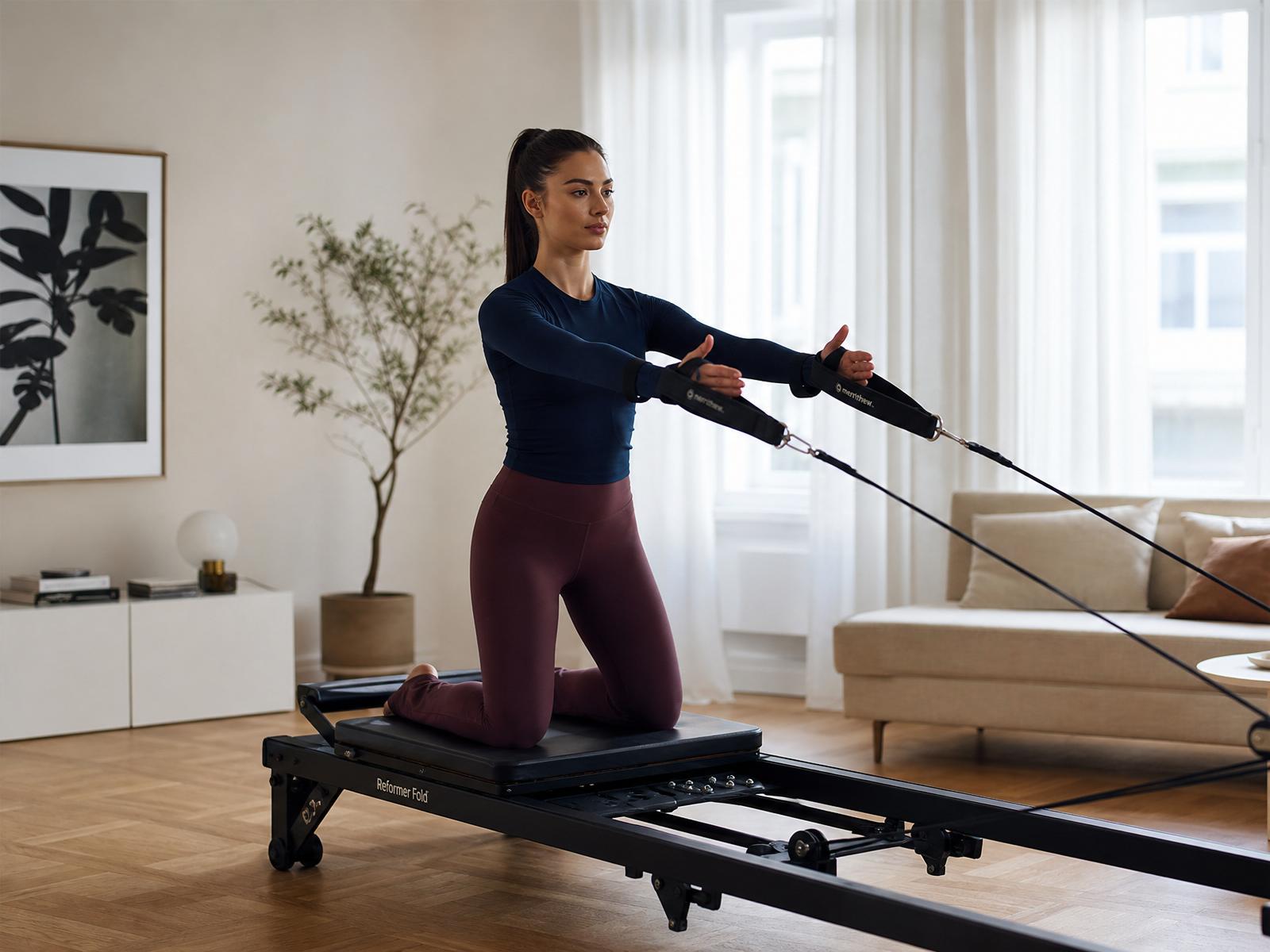Kvinne trener på ASG 4430 sammenleggbar pilates reformer hjemme